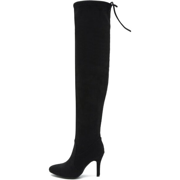 Women Black Suede Pointed Toe Over The Knee Thigh High Stiletto Heel Boot - Picture 4 of 9